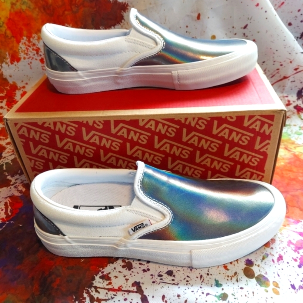 Silver Metallic Rainbow Slip on Vans - Picture 4 of 6